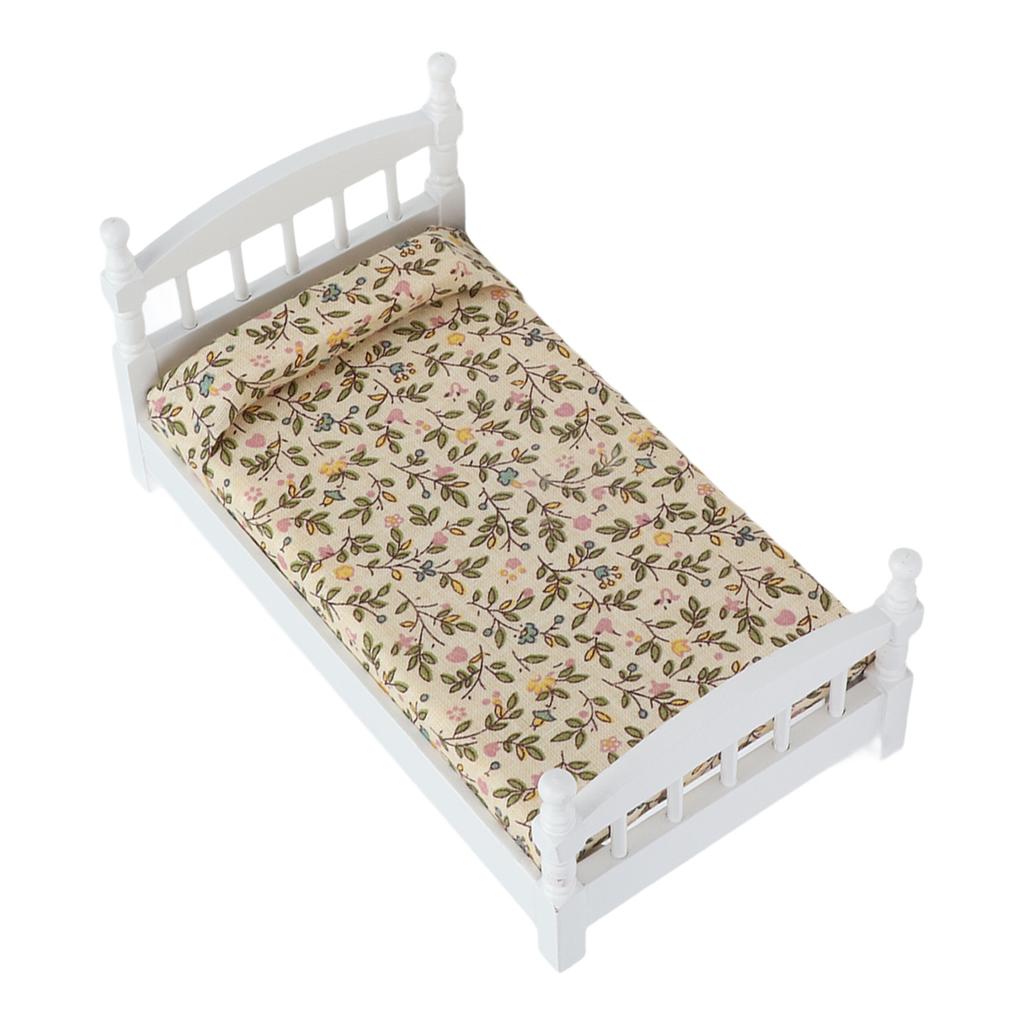 Wooden Doll House Bed 1: 12 Scale Miniature Bedroom Furniture Set with Mattress Pillow