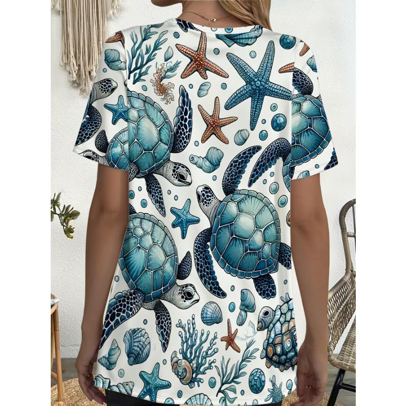 Women Large Turtle Sea Star Coral T-shirt - Full body pocket, breathable round neck casual summer wear with pockets