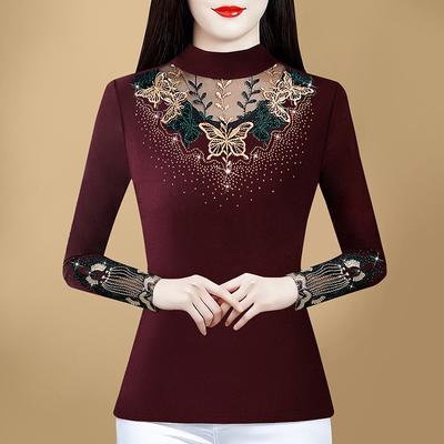 Spring New Slim and Versatile Half-high Neck Fashionable Plus Velvet Butterfly Hot Diamond Warm Long-sleeved Base Shirt