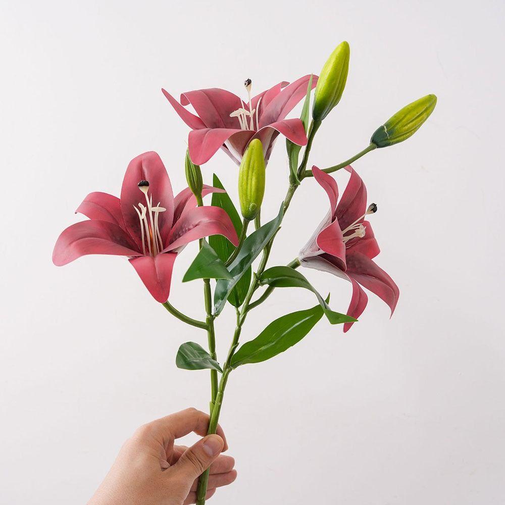 New 80cm Artificial Lily Flower 3 Heads Silk Fake Lily Bouquet DIY 3D Printing Wedding Bridal Bouquet Living Room Decor