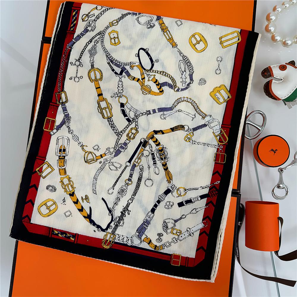 160X33Cm Winter Silk Cashmere Scarf Women Chain Printed Manual Hand Rolled Shawl Warm Long Scarves Wrap Pashmina Bandana