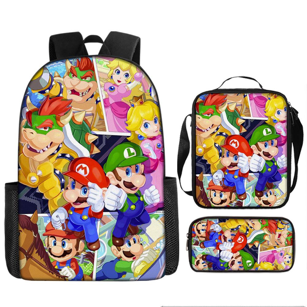 Set Zaino Cartone Animato Super Mario, Zaino Scolastico Principessa Peach, Poliestere 3 Pezzi, Zaino a Tema Gaming