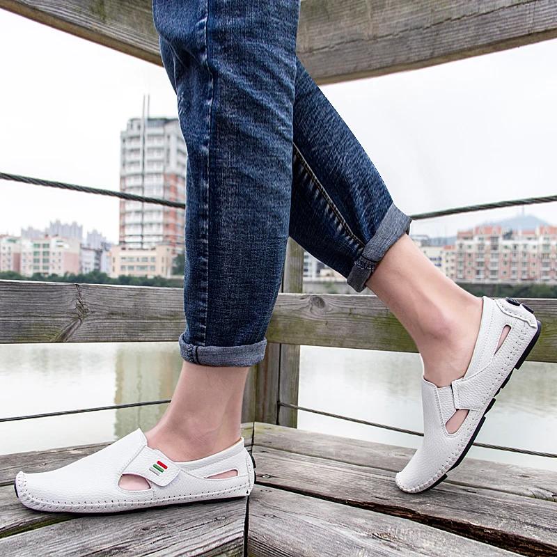 New Summer Breathable Leather Shoes Men Casual LoafersDesign Handmade Men Flats Soft Leather Moccasins Boat Shoes