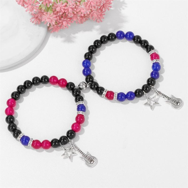 Magnetic Couple Matching Bracelets Best Friend Bracelet Guitar Star Charm Elastic Beaded Wristchain Birthday Jewelry