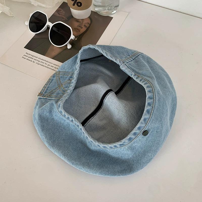Vintage washed denim girl spring summer thin big head circumference bud painter hat showing face small beret