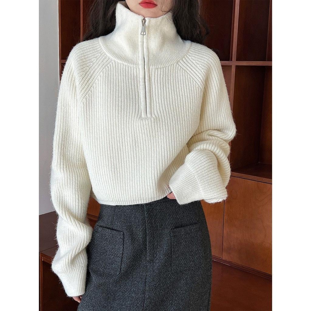 Maglione da Donna con Collo a Mezza Zip Pullover Morbido Lavorato a Maglia Manica Lunga Corto Autunno Inverno Ragazza Adolescente Moda Coreana Outfit
