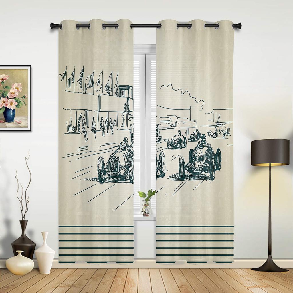 Vintage Racing Retro Style Window Curtain Bedroom Living Room Window Drapes Kitchen Decoration Blinds Curtain