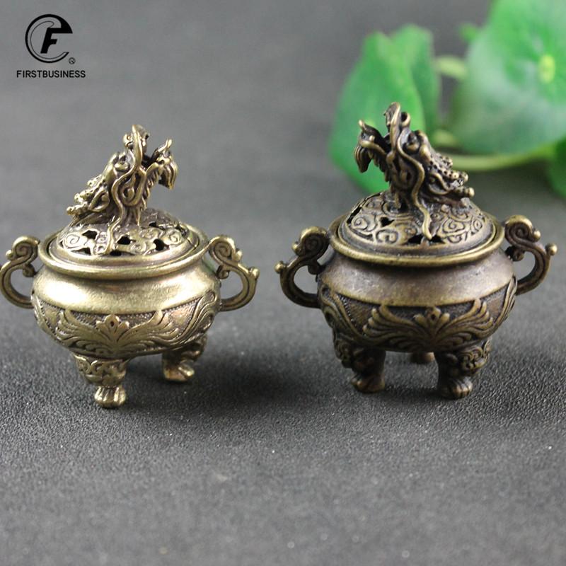 Antique Copper Tripod Incense Burner with Dragon Head Cover Brass Caldron Censer Chinese Pattern Incense Holder Home Desk Decor