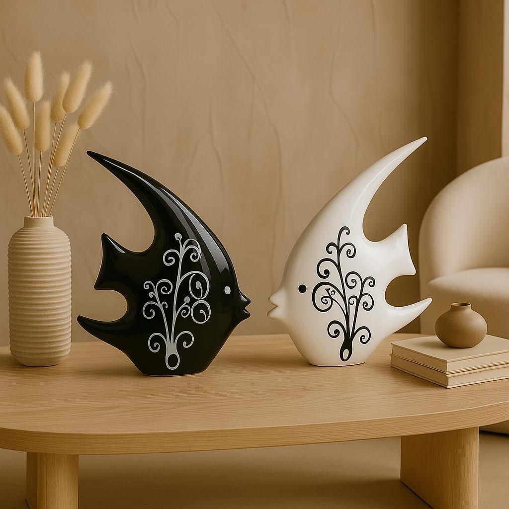 Keramik Modern Minimalistisch Schwarz und Weiß Liebesfisch Kunstfigur|Schöne Heimdekoration-(Set mit 2 Stück, Schwarz & Weiß)