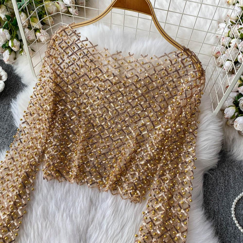 Iny Sequin Long Sve Round Ne Ort T-irt Women's Slim Fit Sli Korean Sle Commute Pure Color Summer Top