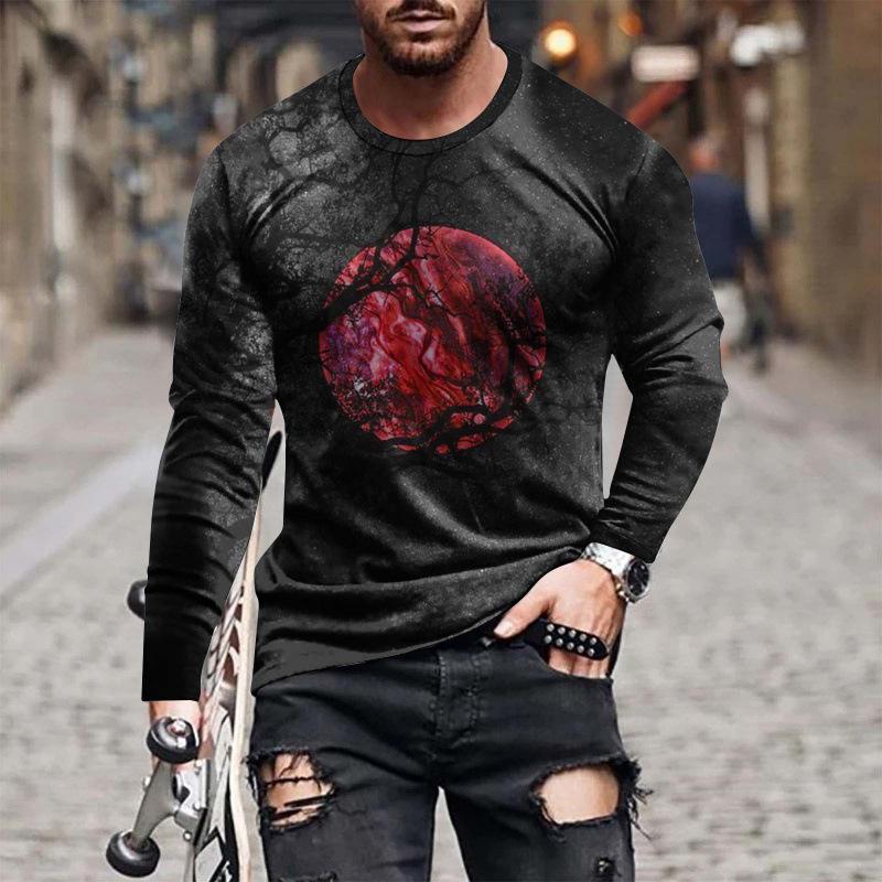 Spring and Autumn Round Neck 3D Scenic Moonlit Forest Pattern Printed Top Fashionable Casual Long Sleeved Men's T-shirts