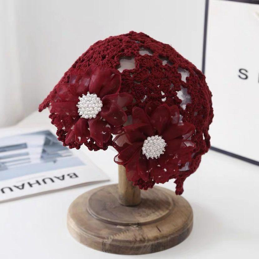 Women's Spring Summer Korean Style Thin Hollow Pearl Petal Handmade Knit Hat Elegant Wool Cap Sweet Head Wrap Hat