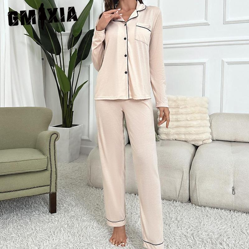 

GMXIA Женская пижама Осень и Зима Однотонный кардиган с длинным рукавом Комплект домашней одежды S бежевый
