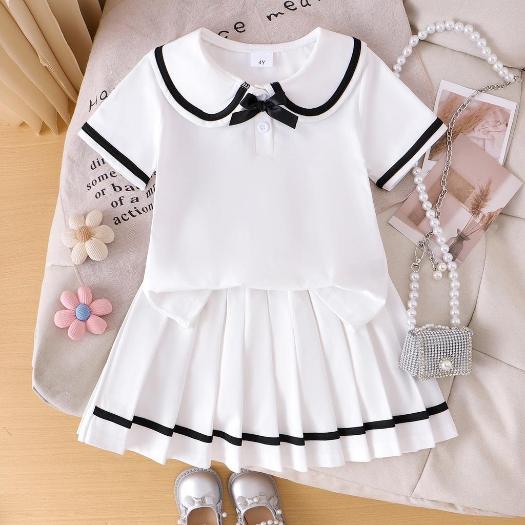 Girls' Fashionable White Outfit - Summer Children's Princess Short-sleeved T-shirt + Short Skirt Set