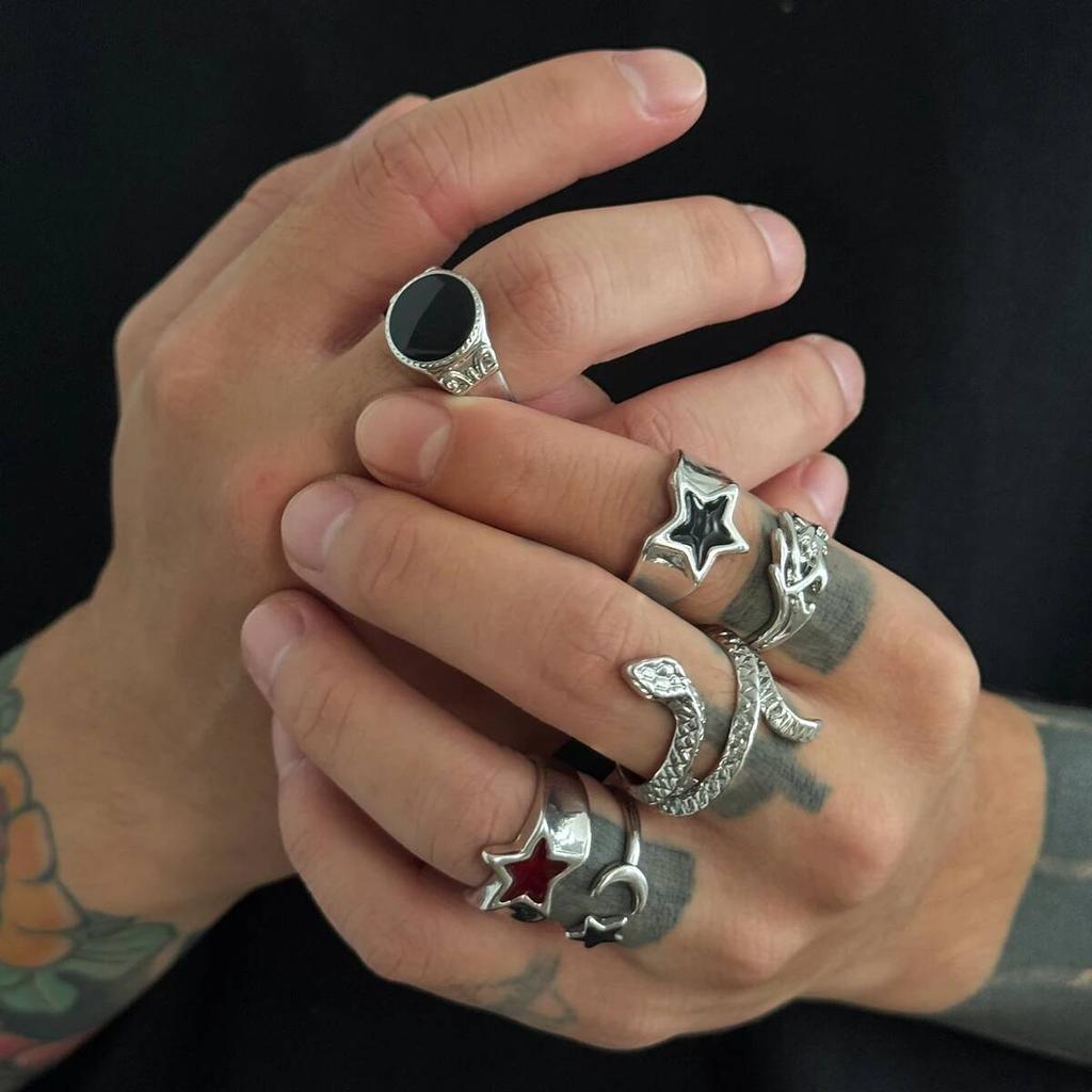 Salircon 6Pcs/set Gothic Snake Open Rings for Men Punk Creative Irregular Stars Adjustable Finger Ring Jewelry Halloween Gifts