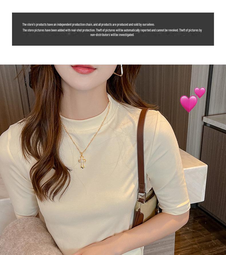 Women's Modal Top: 5-Point Sleeves, Stand-Up Collar, Round Neck; Versatile for Layering or Standalone Wear.