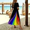 Women Fashion Round Neck Colorful Splicing Printed Short Sleeve Side Slit Dress Casual Vacation Dress Long Loose Dress