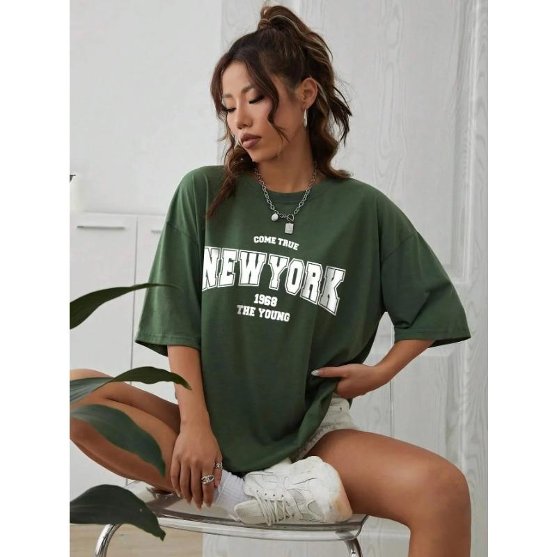 Summer Round Neck "NEW YORK 1968 THE YOUNG" Letter Printed Top Fashionable Casual Pure Cotton Short Sleeved Women's T-shirts
