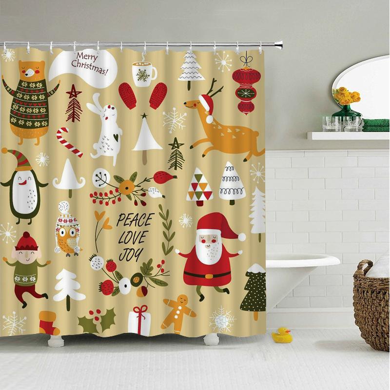 Frohe Weihnachten Duschvorhänge 3D Badvorhänge Schneemann Weihnachtsmann Baum Hirsch Dekorativer Polyesterstoff 180*240Cm Sichtschutz