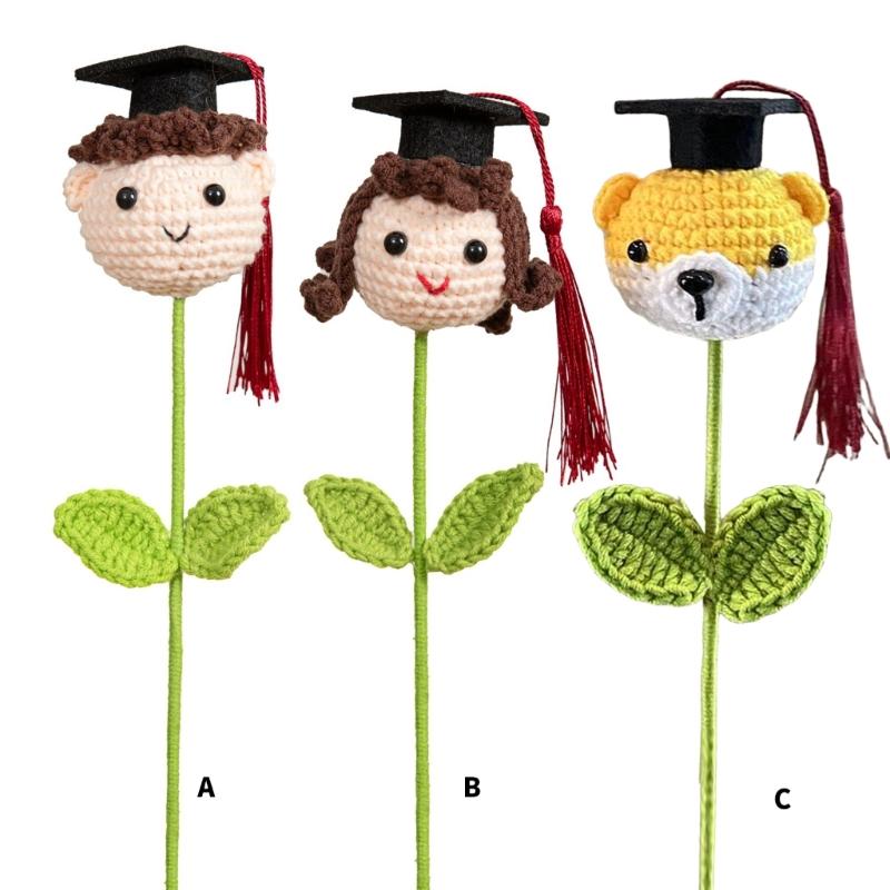 Soft Yarn Crochet Boy/Girl/Dog Flower Bouquet with Graduation Hat Academic Achievement Gift for Students and Teachers