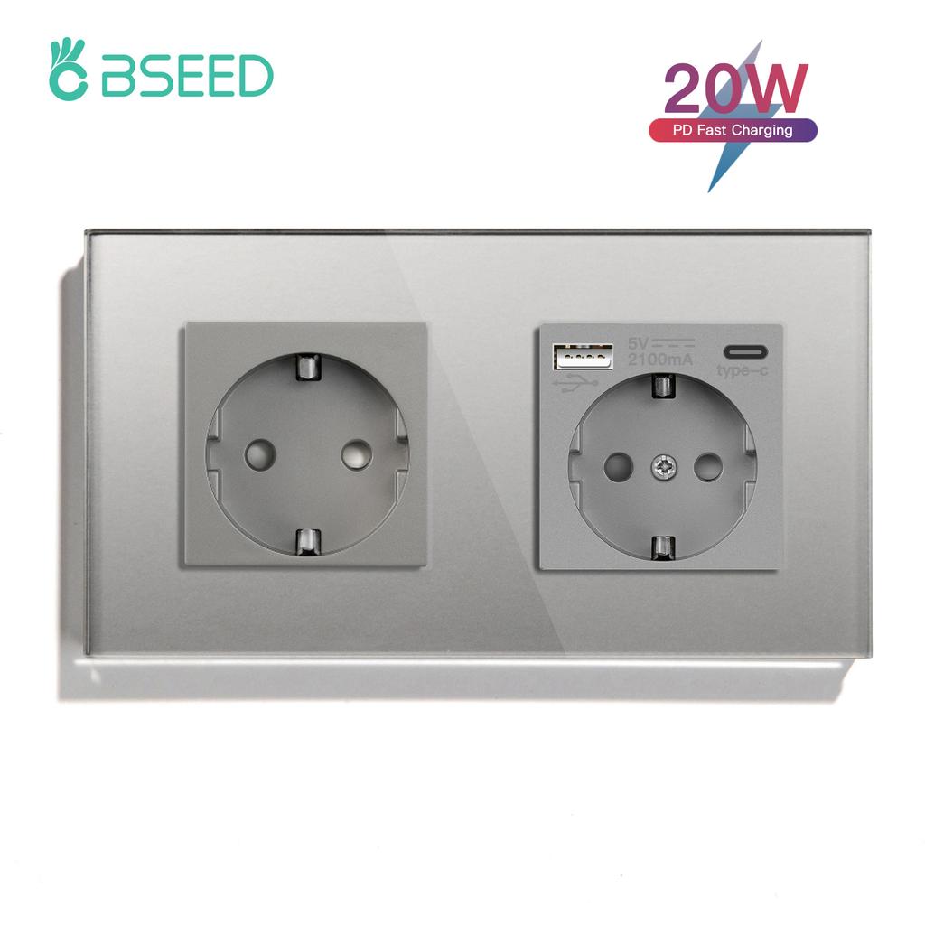 BSEED Double EU Wall Socket Type-c USB Power Sockets Android Apple Mobile Phone Charging Ports Glass Panel 16A