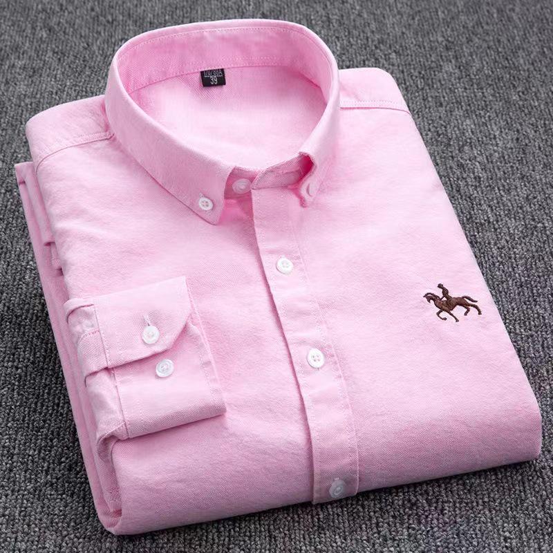 Men's Pure Cotton Embroidered Oxford Shirt - Long Sleeve, Solid Color, Spring/Autumn Business Casual