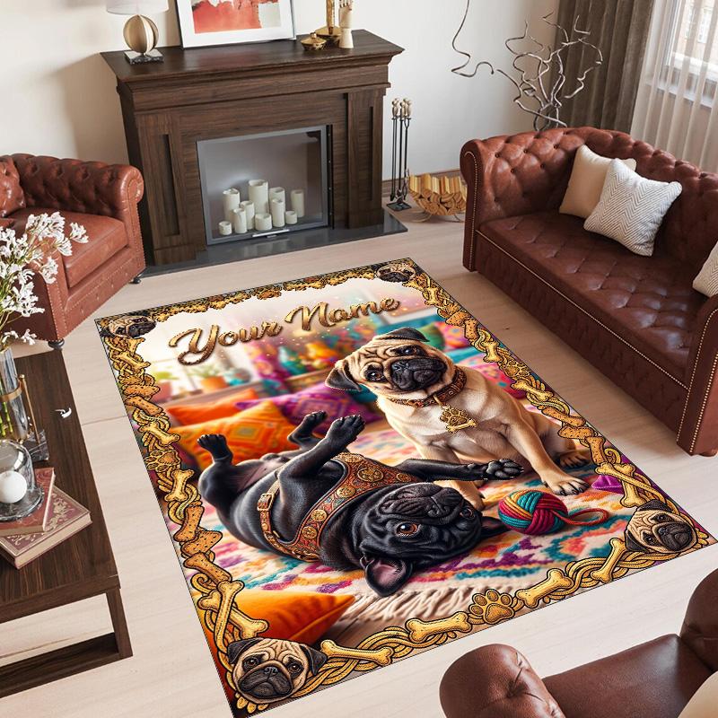 Pug Theme Crystal Velvet Floor Rug Personalized Custom Name Text Warm Carpet Home Decoration