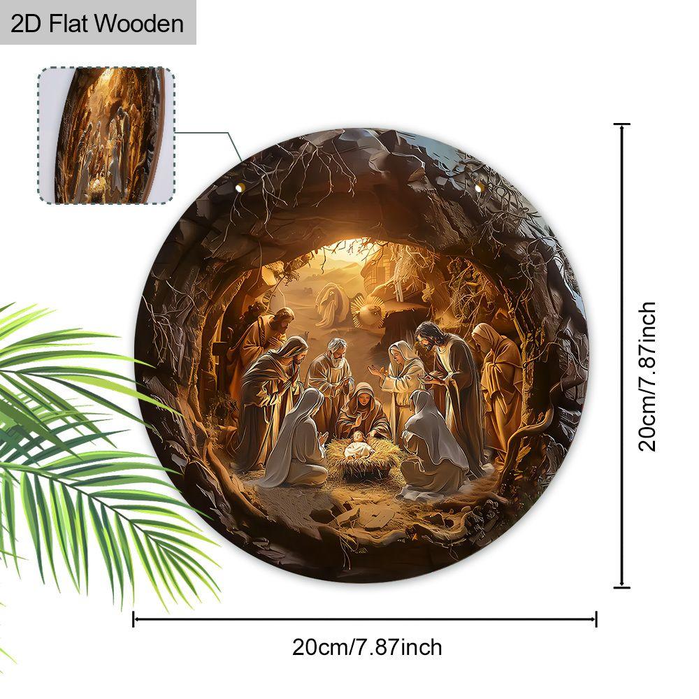 Nativity Scene Round Wooden Hanging Sign, 2D Flat Printed Christmas Wall Door Ornament, Religious Xmas Home Decor Gift