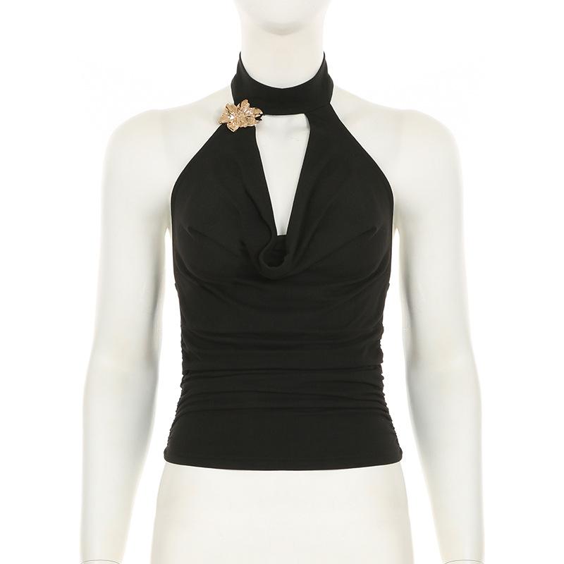 Women's Metal Flower Halter Neck Sexy Halter Top Temperament Low Waist Fold High Split Skirt Two Piece Suit