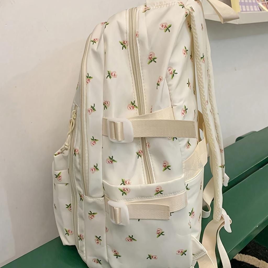 Women's Floral Backpack with Teddy Bear Pendant Large Capacity School Backpack for College, Travel, Everyday Use, Cute Backpack