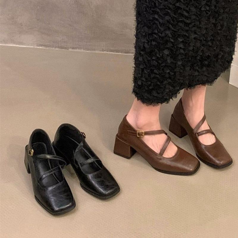 Fashion Fashion Square-toe Shallow-mouth Single Shoes Autumn New One-band Non-slip Wear-resistant Block Heel Shoes