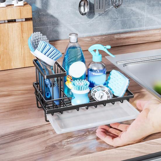 Kitchen Sink Sponge Holder with Drip Tray Stainless Steel Sink Caddy Organizer Non-Slip Pads Countertop Storage for Sponges Dish Soap Brushes