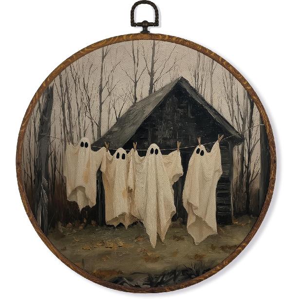 MOTERMATE Funny Halloween Ghost Wall Art Decor Round Framed, Spooky Laundry Ghost Canvas Wall Art Artwork Prints, Whimsical Rustic Hanging Decor