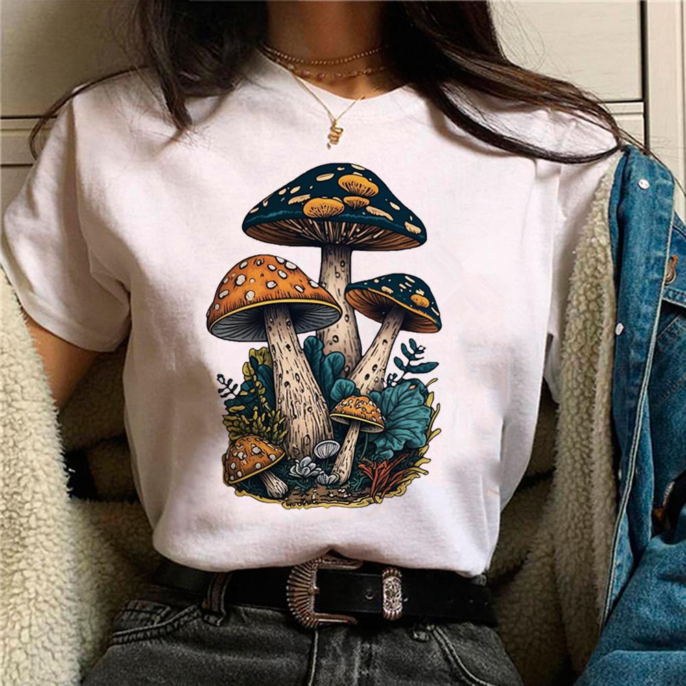 Mushroom t shirt women streetwear comic funny Tee female Y2K tops Japanese comics graphic clothing Retro round neck print TShirt