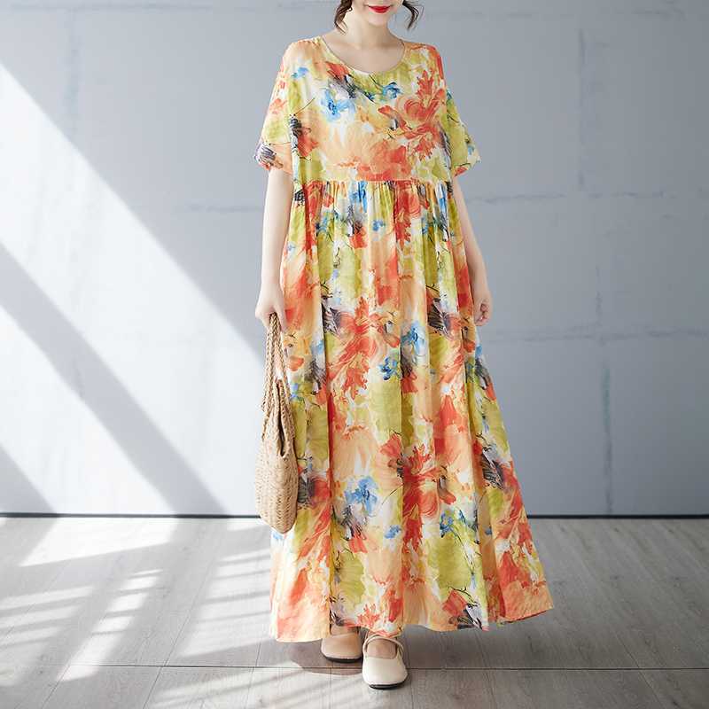 Women's Simple and Fashionable Long Skirt Summer Short Sleeved Round Neck Printed Dress