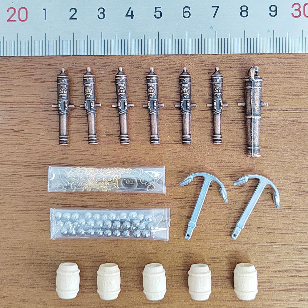 Maßstab 1100 Halcon Modellschiff Zubehör-Set Klassische Kanone+Legierungsanker+Messing-Ankerkette+Kanonenkugel+Holzfass