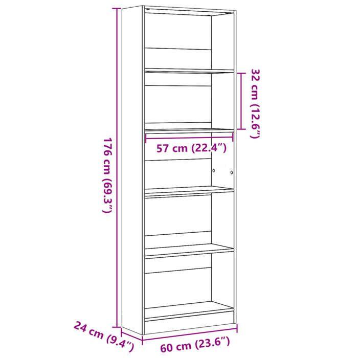 VidaXL Bibliothèque chêne marron 60x24x176 cm bois d'ingénierie, étagère à livres, porte-livres, support à livres, armoire 857827