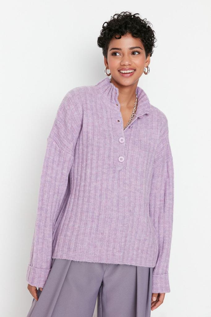 Women's Fashionable Stylish Sweater Stone Wide Fit Soft Textured High Collar Knitwear Sweater