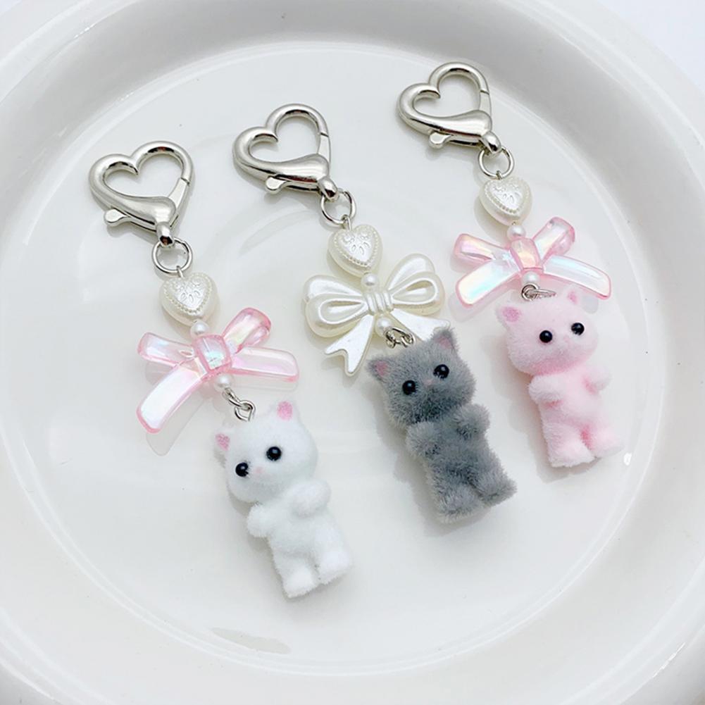 Heart Shape Keyring Flocked Cat Pendant Keychain with Bowknot Decor Heart Shape Fashionable Hanging Ornament for Wallet Backpack