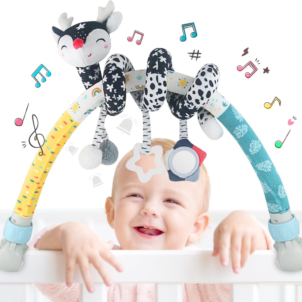 

Baby Arch Bassinet Black Stretch Spiral Hanging Activity Set with Adjustable Clamp for and Car Includes and Teethers Toy, High-Contrast & White, & олений