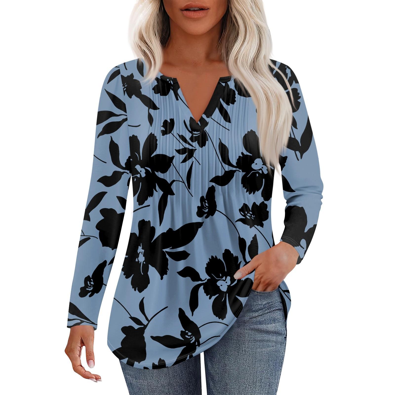 

Женская Мода Повседневная Плиссированная Футболка с V-образным Вырезом Однотонная с Длинным Рукавом Элегантные Топы XL небесно-голубой