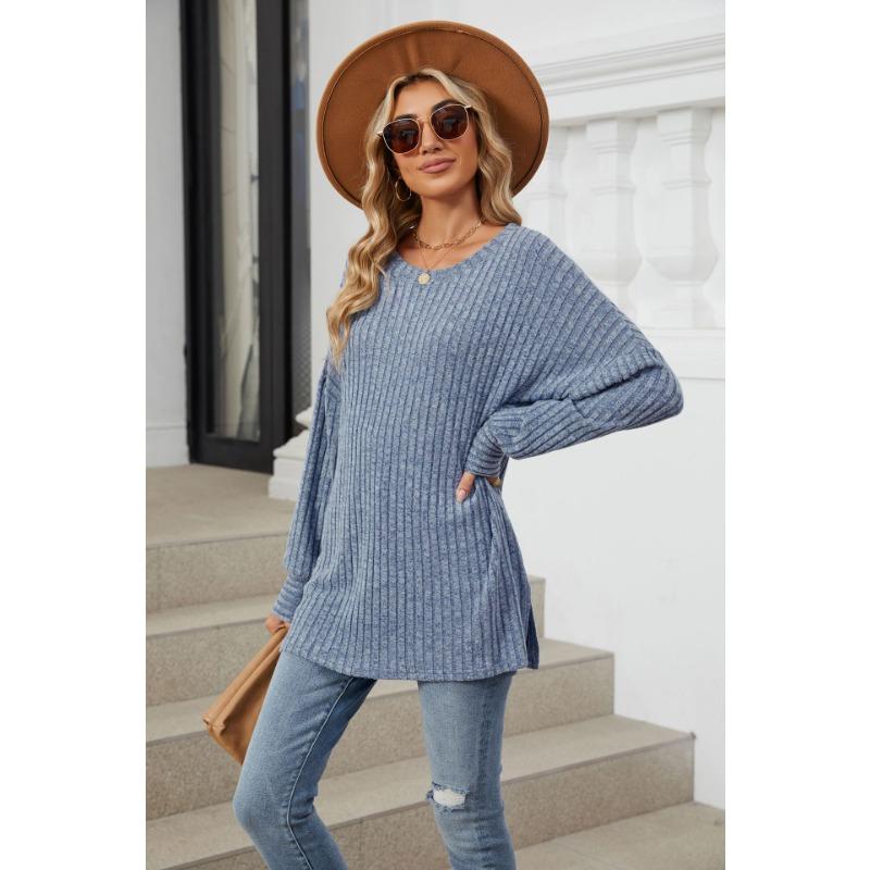 Herbst und Winter Damen Bluse Langarm Loose Rundhals Pit-Stripe Milled Tops