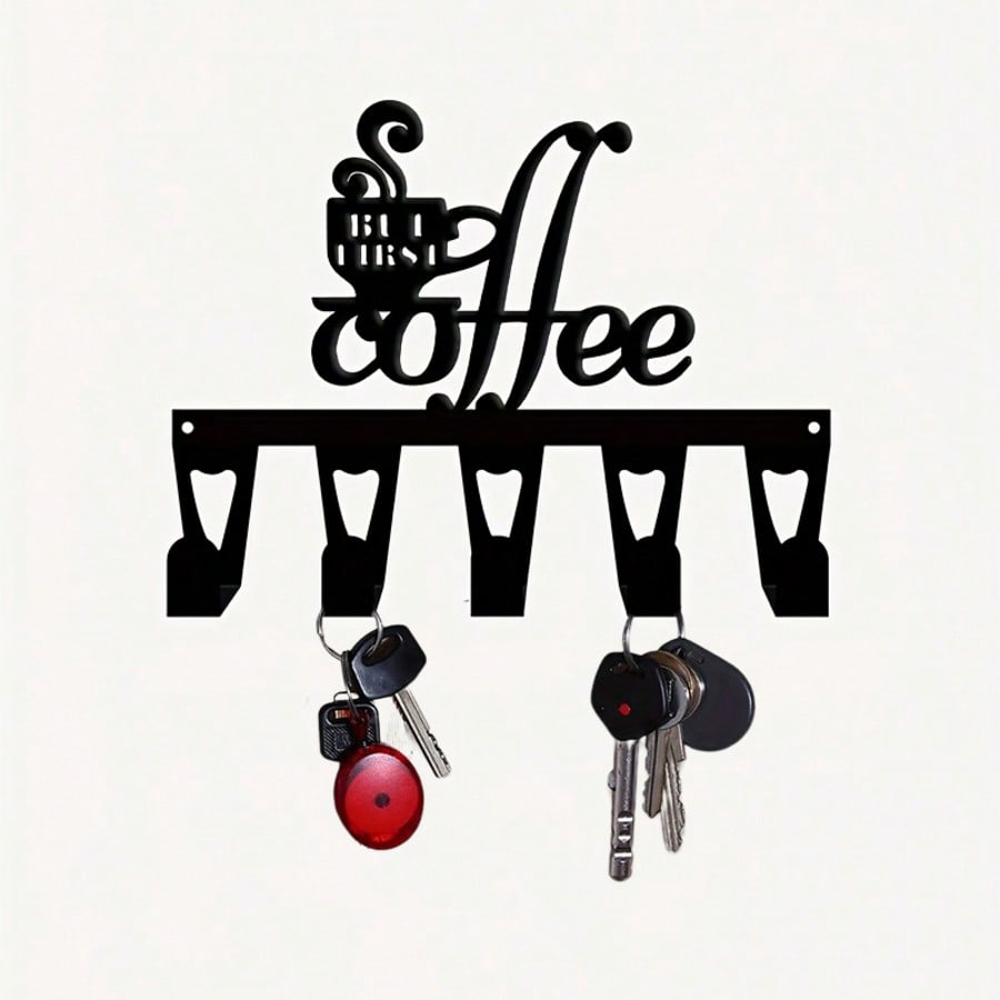 Vintage Coffee Key Holder Metal Wall Art 5 Hooks Coffee Lover Gift Rustic Decor