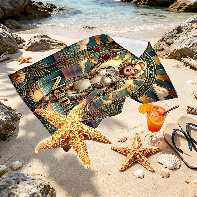 Custom Name Personalized Marilyn Monroe Print Beach Towel, for Trip Camping Beach Party Home Decor, Birthday Gift for Family & Friends