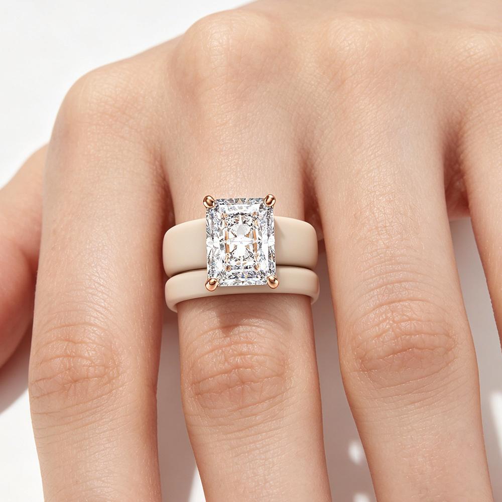 New Trend White Ceramic & Rose Gold Ring, Large Radiant Cut CZ Diamond Solitaire Ring, Fashion Women's Statement Jewelry fo