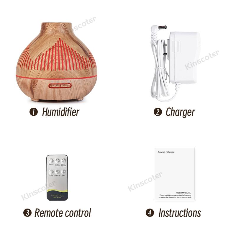 Diffusore di Oli Essenziali per Aromaterapia 400ml Grana Legno Telecomando Umidificatore d'Aria Ultrasuoni Freddo Con Luce LED a 7 Colori
