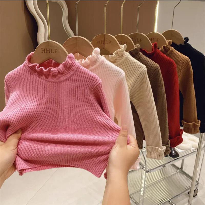 

Girls Knit Sweater with Ruffle Trim - Autumn/Winter Mid-Neck Korean Style Size 140