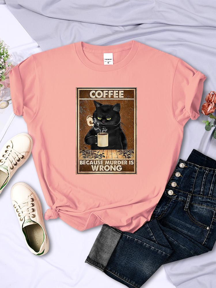 Ponieważ Morderstwo Jest Złe Czarny Kot Pije Kawę Damski T-shirt Odzież Okrągły Dekolt Vintage Krótki Rękaw Osobowość Casual Damskie Koszulki