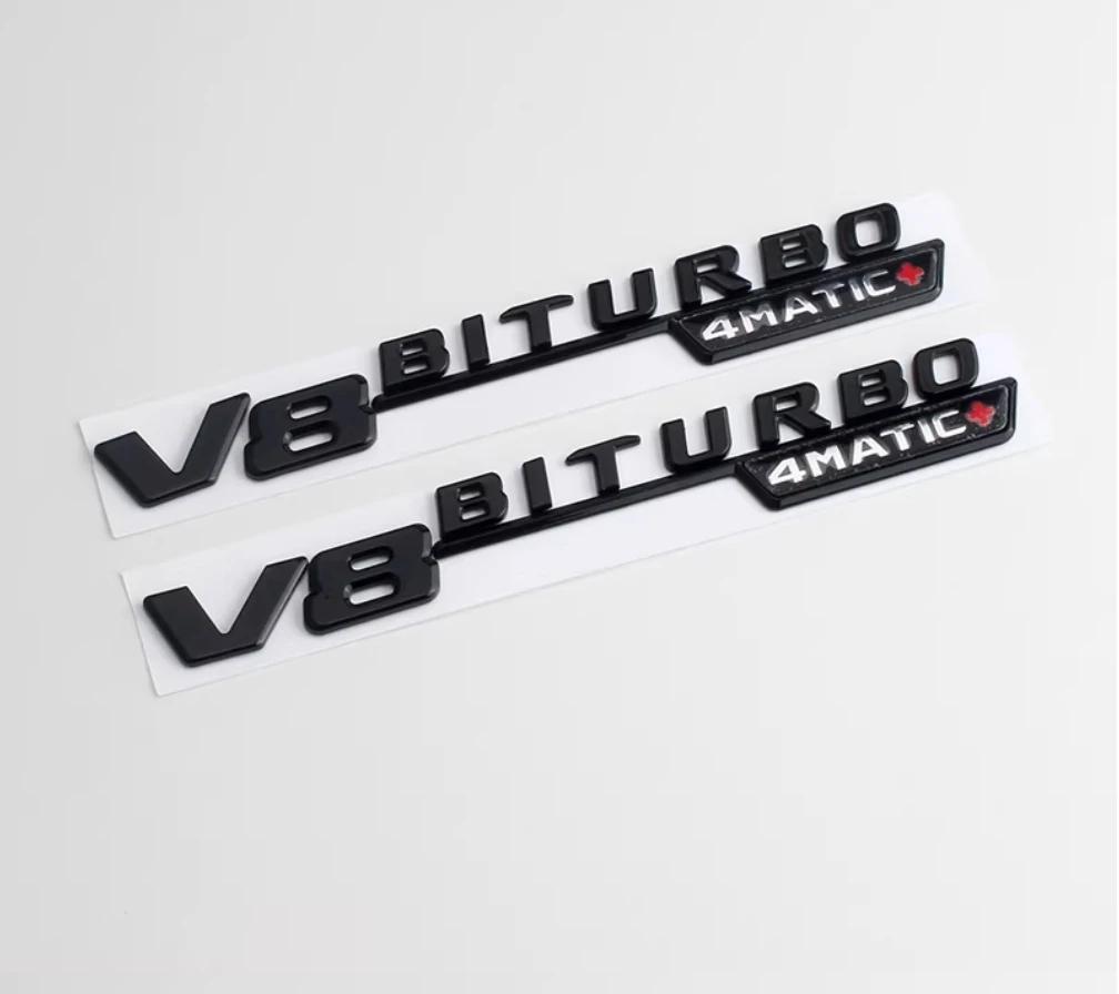 V8 BITURBO 4matic+ A Pair Side Fender Abs Emblem Sliver Black Carbon Fiber Pattern Sticker For AMG A B C E S G Class Car Accessories