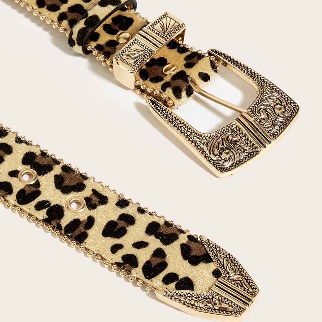 Western Leopard Animal [Lamerry] Belt, Print, Studs, Y2K, Vintage, Punk, Girl, Street, Leather, 108cm, Gold, Men's, Women's